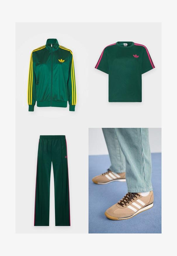 Chaqueta de pista satinada verde, con cremallera en la parte delantera, alto cuello, diseño de tres rayas amarillas en las mangas y un pequeño logo amarillo en el pecho.; Camiseta verde de manga corta con franjas rosas brillantes en los hombros y el logotipo de trébol de Adidas en el pecho.; Pantalones deportivos verde oscuro con rayas laterales rosas, bolsillos con cremallera, cintura elástica y pequeño logo rosa de Adidas en el lado derecho.; Zapatillas de ante y malla color arena con cordones marrones y tres rayas blancas. Combinadas con pantalones a rayas verdes y blancas, descansando sobre una superficie azul.