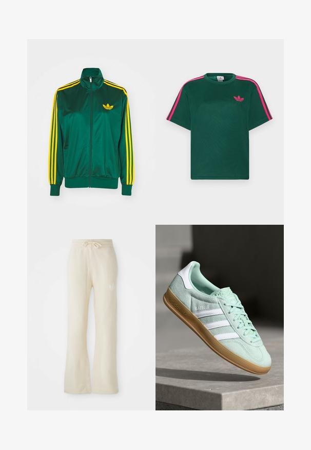 Grüne Satin-Trainingsjacke, mit Reißverschluss vorne, hohem Kragen, gelbem Drei-Streifen-Design an den Ärmeln und kleinem gelben Logo auf der Brust.; Grünes T-Shirt mit kurzen Ärmeln, leuchtend pinken Streifen auf den Schultern und Adidas-Trefoil-Logo auf der Brust.; Cremefarbene Jogginghose aus einem weichen Material, mit einem Kordelzugbund und ausgestellten Beinen. Subtiles Logo-Detail an der linken Hüfte.; Adidas Gazelle Sneaker aus mintgrünem Wildleder mit weißen Akzenten, Schnürverschluss und einer Sohle aus Gummi. Mit drei weißen Streifen.