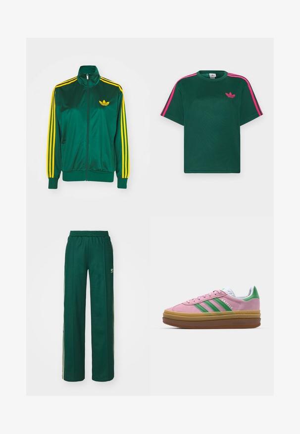 Groene satijnen trainingsjack, met rits aan de voorkant, hoge kraag, gele drie-strepen design op de mouwen en een klein geel logo op de borst.; Groen T-shirt met korte mouwen, helderroze strepen op de schouders en het Adidas trefoil-logo op de borst.; Donkergroene sportbroek met een relaxte pasvorm, voorzien van een trekkoord in de taille, zijzakken en crèmekleurige strepen aan de zijkanten.; Roze suede sneakers met groene strepen, witte accenten en een bruine rubberen zool. Heeft een gestructureerde stof en logodetails aan de zijkant.