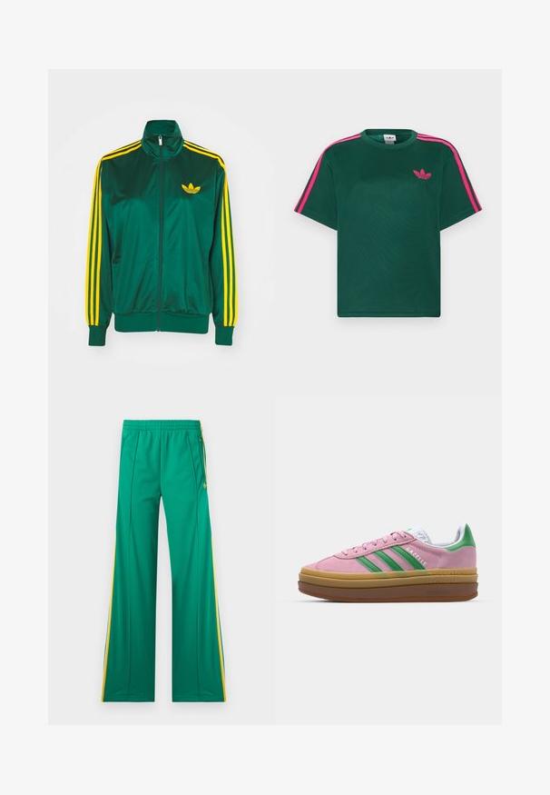 Groene satijnen trainingsjack, met rits aan de voorkant, hoge kraag, gele drie-strepen design op de mouwen en een klein geel logo op de borst.; Groen T-shirt met korte mouwen, helderroze strepen op de schouders en het Adidas trefoil-logo op de borst.; Groene trainingsbroeken met gele zijstrepen, een elastische tailleband en ritszakken, plat weergegeven tegen een witte achtergrond.; Roze suede sneakers met groene strepen, witte accenten en een bruine rubberen zool. Heeft een gestructureerde stof en logodetails aan de zijkant.