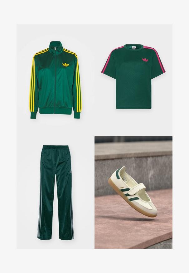 Grøn satin trackjakke, lynlåsfortil, høj krave, gul tre-stripes design på ærmerne og et lille gult logo på brystet.; Grøn kortærmet t-shirt med lyserøde striber på skuldrene og Adidas trefoil-logo på brystet.; Mørkegrønne træningsbukser lavet af skinnende materiale, med sidelister i lys grå og et broderet logo på venstre ben.; Hvid lædersko med grønne striber, rund tå, fastgjort med en rem. Gummisål, minimalistisk design, hævet syning langs de øvre kanter.
