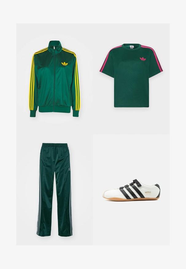Grøn satin trackjakke, lynlåsfortil, høj krave, gul tre-stripes design på ærmerne og et lille gult logo på brystet.; Grøn kortærmet t-shirt med lyserøde striber på skuldrene og Adidas trefoil-logo på brystet.; Mørkegrønne træningsbukser lavet af skinnende materiale, med sidelister i lys grå og et broderet logo på venstre ben.; Hvid Adidas Tokyo sneaker med sorte striber, sorte velcro-stropper og gummisål, vist fra siden på en hvid baggrund.