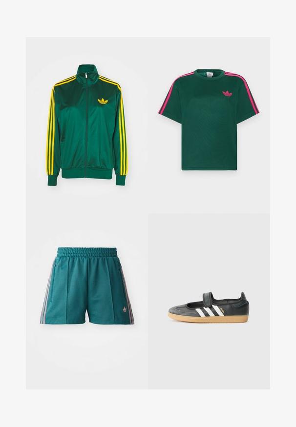 Groene satijnen trainingsjack, met rits aan de voorkant, hoge kraag, gele drie-strepen design op de mouwen en een klein geel logo op de borst.; Groen T-shirt met korte mouwen, helderroze strepen op de schouders en het Adidas trefoil-logo op de borst.; Teal sportieve shorts met een elastische tailleband, met roze en witte gestreepte zijaccenten en ritszakken aan de zijkant. Logo op de zoom.; Zwarte leren en suède sneaker met een klittenbandsluiting, voorzien van drie witte strepen en een gumzool, met de naam "SAMBA" aan de zijkant.