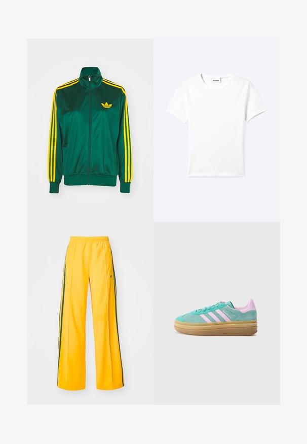 Grüne Satin-Trainingsjacke, mit Reißverschluss vorne, hohem Kragen, gelbem Drei-Streifen-Design an den Ärmeln und kleinem gelben Logo auf der Brust.; Einfaches weißes T-Shirt mit kurzen Ärmeln und Rundhalsausschnitt sowie kleinem "WEEKDAY"-Etikett im Nacken, flach auf einem hellen Hintergrund präsentiert.; Gelbe Sporthosen mit weitem Bein, ausgestattet mit grünen Seitenstreifen und einem kleinen Logo auf der linken Hüfte. Elastischer Bund für mehr Komfort.; adidas Originals GAZELLE BOLD - Sneaker low - powder teal/bliss lilac/pure teal