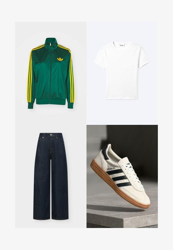Groene satijnen trainingsjack, met rits aan de voorkant, hoge kraag, gele drie-strepen design op de mouwen en een klein geel logo op de borst.; Effen wit T-shirt met korte mouwen en ronde hals met een klein "WEEKDAY" label aan de binnenkant van de hals, plat neergelegd op een lichte achtergrond.; Donkerblauwe jeans met wijde pijpen, vooraan knopen en rits, riemlussen en voor- en achterzakken op een effen achtergrond.; Witte suède sneakers met marineblauwe strepen, rubberen gumzool, gestructureerde bovenkant, ronde neus en veters; heeft branding aan de zijkant en op de tong.