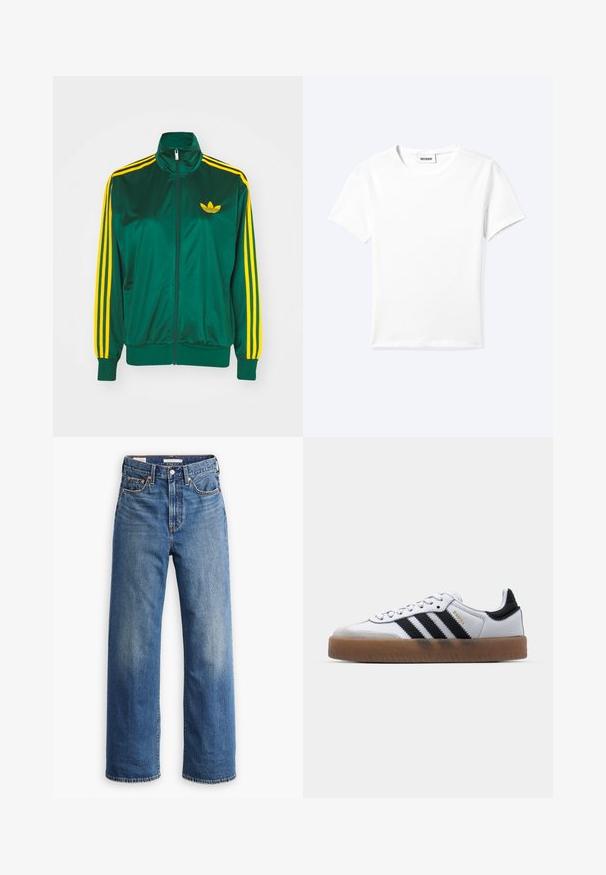 Chaqueta de pista satinada verde, con cremallera en la parte delantera, alto cuello, diseño de tres rayas amarillas en las mangas y un pequeño logo amarillo en el pecho.; Camiseta blanca lisa de manga corta con cuello redondo y una pequeña etiqueta "WEEKDAY" dentro del cuello, mostrada extendida sobre un fondo claro.; Vaqueros de mezclilla azul claro con cintura alta, diseño de pierna ancha, estilo clásico de cinco bolsillos y un sutil desgaste en la tela.; Zapatillas de cuero blancas con rayas negras, suela de goma, puntera redonda, cierre de cordones y caperuza de ante gris suave.