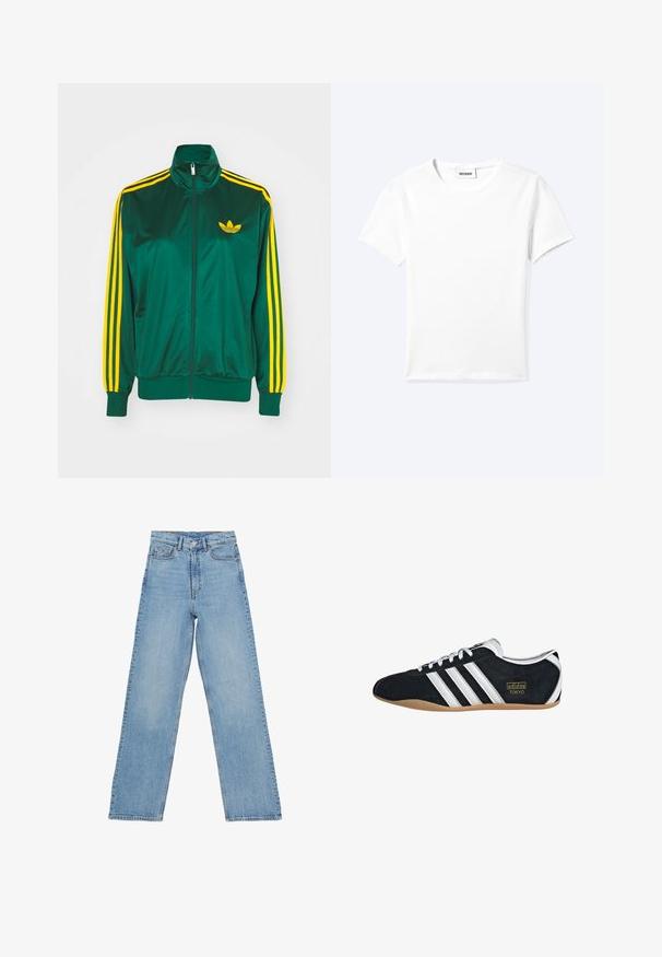 Grøn satin trackjakke, lynlåsfortil, høj krave, gul tre-stripes design på ærmerne og et lille gult logo på brystet.; Ensfarvet hvid t-shirt med korte ærmer og rund halsudskæring med en lille "WEEKDAY" label indeni halskanten, vist fladt på en lys baggrund.; Lys blå denim jeans med høj talje, lige ben-design, der har fem lommer og en knaplukning. Ingen synlige mønstre.; Sort ruskinds sneaker med hvide tre striber, guldlogo og en brun gummisål. Har et lavprofil snørebåndsdesign.