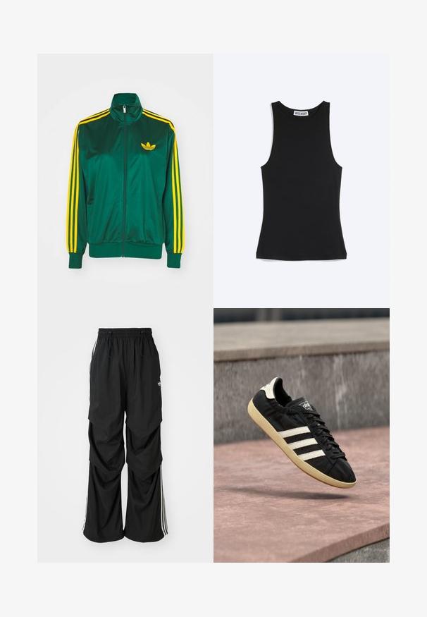 Grøn satin trackjakke, lynlåsfortil, høj krave, gul tre-stripes design på ærmerne og et lille gult logo på brystet.; Sort ærmeløs tætsiddende top med rund halsudskæring og Weekday-brandlabel bag på kraven, på hvid baggrund.; Sorte løstsiddende bukser med elastisk talje, snøre og hvide sidestriber; lavet af letvægtsstof med en glat tekstur.; Sort Adidas sneaker med hvide striber og beige sål, fanget i luften over en stenet overflade og baggrund af en stenmur.