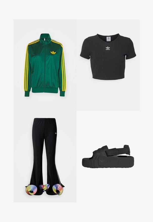 Groene satijnen trainingsjack, met rits aan de voorkant, hoge kraag, gele drie-strepen design op de mouwen en een klein geel logo op de borst.; Zwart cropped t-shirt van katoen, met een ronde hals en korte mouwen. In het midden bevindt zich een witte geborduurde Adidas-logo.; Zwarte sportbroek met een brede, uitlopende snit. Voorzien van kleurrijke, gerimpelde onderranden en witte zijstrepen. Gemaakt van rekbaar materiaal.; Zwarte sandalen van gestructureerd rubber met een brede band en een verstelbare klittenbandsluiting. Heeft een patroon op de zool en een merklogo-detail.