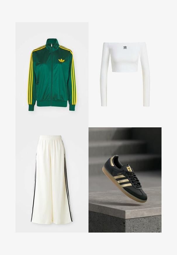 Grøn satin trackjakke, lynlåsfortil, høj krave, gul tre-stripes design på ærmerne og et lille gult logo på brystet.; Hvid crop top med off-shoulder i ribbet stof, som har lange ærmer og et lille sort Adidas-logo på fronten.; Hvide løse bukser med elastisk talje og sorte lodrette striber langs yderseams.; Sort Adidas Samba-sneaker med gulstriber og gummisål, der svæver over en betongflade med slørede trapper i baggrunden.