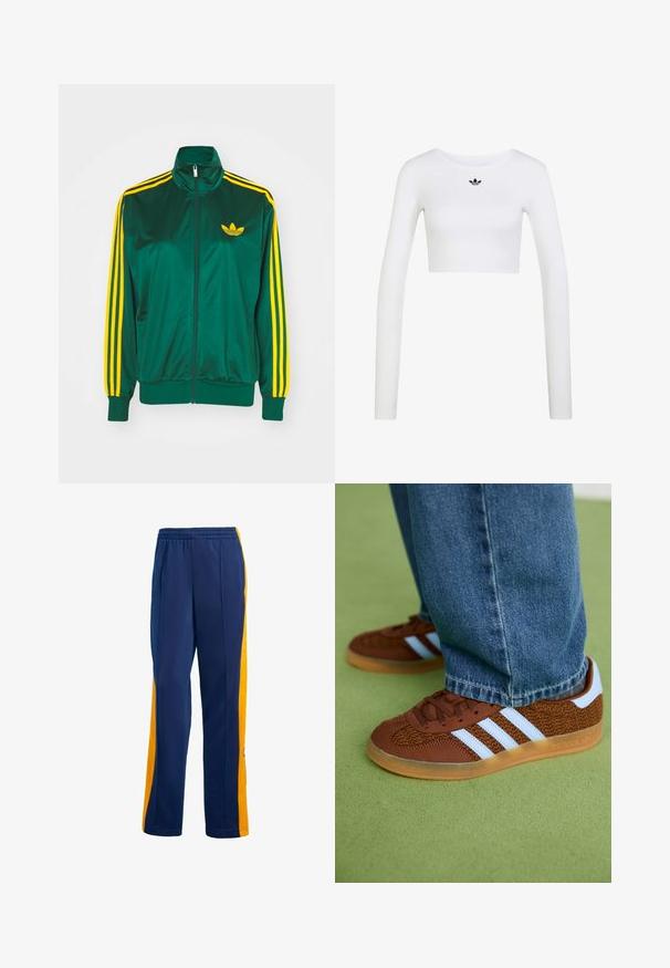 Grüne Satin-Trainingsjacke, mit Reißverschluss vorne, hohem Kragen, gelbem Drei-Streifen-Design an den Ärmeln und kleinem gelben Logo auf der Brust.; Weißes langärmliges Crop-Top mit Rundhalsausschnitt und kleinem schwarzem Adidas-Logo, zentriert unter dem Halsausschnitt.; Marineblaue Sporthose mit gelben Seitenpanelen, elastischem Bund und schmal zulaufendem Bein. Hergestellt aus leichtem, atmungsaktivem Stoff.; Braune Adidas-Sneaker mit weißen Streifen und Gummisohlen, getragen mit blauen Jeans auf grünem Teppich.
