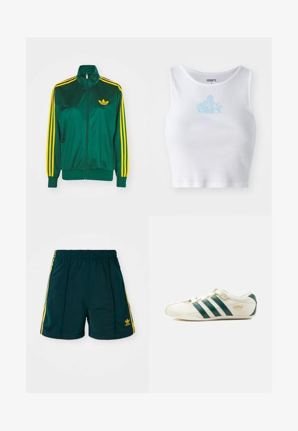 Groene satijnen trainingsjack, met rits aan de voorkant, hoge kraag, gele drie-strepen design op de mouwen en een klein geel logo op de borst.; Witte geribbelde crop top met een ronde halslijn en een lichtblauwe "OBEY" logo in het midden van de borst. Soepele textuur en aansluitend ontwerp.; Donkergroene sportshorts met een elastische tailleband, voorzien van gele zijstrepen en een geborduurd geel logo op het onderbeen.; Witte sneaker met groene strepen, een klittenbandsluiting en de tekst "Tokyo" aan de zijkant, gezien vanaf de buitenkant tegen een witte achtergrond.