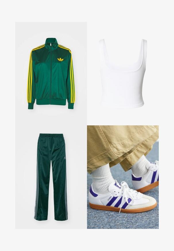 Groene satijnen trainingsjack, met rits aan de voorkant, hoge kraag, gele drie-strepen design op de mouwen en een klein geel logo op de borst.; Witte cropped tanktop met brede bandjes en een vierkante halslijn gemaakt van gladde stof.; Donkergroene sportbroeken van glanzend materiaal, met zijstrepens in lichtgrijs en een geborduurd logo op het linkerbeen.; Witte sneaker met paarse strepen en accenten, voorzien van een gestructureerde gumzool en vetersluiting, gedragen met witte geribde sokken.