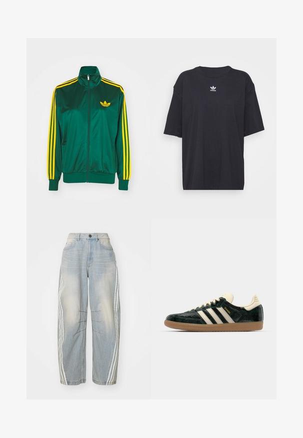 Grøn satin trackjakke, lynlåsfortil, høj krave, gul tre-stripes design på ærmerne og et lille gult logo på brystet.; Sort bomulds t-shirt med korte ærmer, rund halsudskæring, med et hvidt Adidas-logo på brystet. Enkel design, afslappet pasform.; Lyseblå denimjeans med løs pasform, der har hvide striber ned langs siderne, slidte detaljer og knaplukning i taljen.; adidas Originals SAMBA OG - Sneakers - cream white/collegiate green