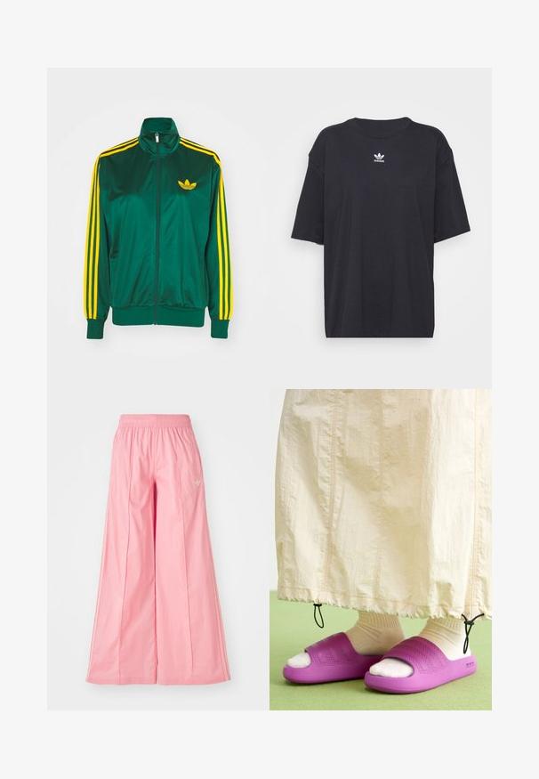 Grüne Satin-Trainingsjacke, mit Reißverschluss vorne, hohem Kragen, gelbem Drei-Streifen-Design an den Ärmeln und kleinem gelben Logo auf der Brust.; Schwarzes Baumwoll-T-Shirt mit kurzen Ärmeln, rundem Halsausschnitt, mit einem weißen Adidas-Logo auf der Brust. Einfaches Design, lockere Passform.; Rosa weit geschnittene Hosen aus einem leichten Stoff, mit einem elastischen Bund und dezenten weißen Seitenstreifen. Kleines Logo auf der Vorderseite.; Lila Gummischlappen mit einem strukturierten Bandsdesign, getragen über cremefarbigen Socken, kombiniert mit einem hellbeigen Rock. Grüner Boden.