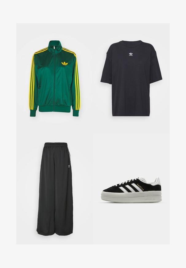 Grüne Satin-Trainingsjacke, mit Reißverschluss vorne, hohem Kragen, gelbem Drei-Streifen-Design an den Ärmeln und kleinem gelben Logo auf der Brust.; Schwarzes Baumwoll-T-Shirt mit kurzen Ärmeln, rundem Halsausschnitt, mit einem weißen Adidas-Logo auf der Brust. Einfaches Design, lockere Passform.; Schwarze, locker sitzende Jogginghosen aus glattem Material. Mit elastischem Bund und seitlichen Streifen mit Logo-Akzenten.; Schwarze Wildleder-Sneaker mit weißen Lederakzenten, drei weißen Streifen, flachen Schnürsenkeln und einer dicken grauen Plateausohle. Goldenes "Gazelle"-Branding.