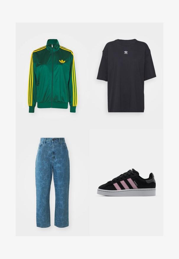 Grøn satin trackjakke, lynlåsfortil, høj krave, gul tre-stripes design på ærmerne og et lille gult logo på brystet.; Sort bomulds t-shirt med korte ærmer, rund halsudskæring, med et hvidt Adidas-logo på brystet. Enkel design, afslappet pasform.; Lyseblå denim jeans med en subtil mønstret struktur, høj talje og lige ben. Har en frontlukning med knap og lynlås.; Sort ruskinds sneakers med lyserødt tre-stribe design, grå gummisål og struktureret tunge. Har branding på siden og hælen.