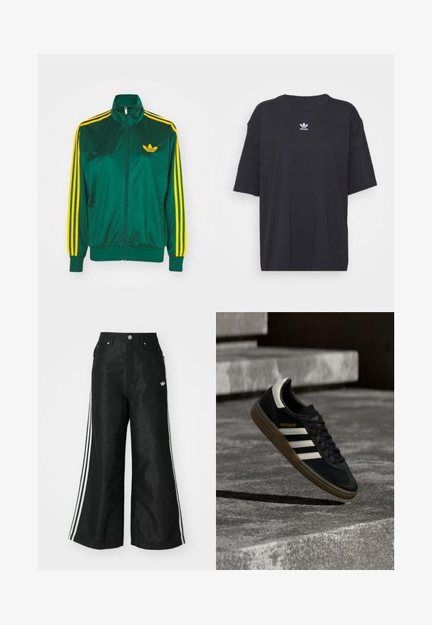 Groene satijnen trainingsjack, met rits aan de voorkant, hoge kraag, gele drie-strepen design op de mouwen en een klein geel logo op de borst.; Zwarte katoenen T-shirt met korte mouwen, ronde halslijn, voorzien van een wit Adidas-logo op de borst. Eenvoudig ontwerp, comfortabele pasvorm.; Zwarte denim broek met wijde pijpen, voorzien van drie witte strepen aan elke zijkant en een klein wit logo. Heeft voorzakken en een knoopsluiting.; Zwarte Adidas sneaker met witte strepen en gumzool die boven grijze betonnen trappen zweeft in natuurlijk licht.