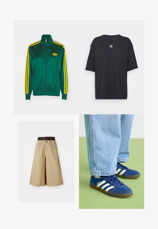 Grøn satin trackjakke, lynlåsfortil, høj krave, gul tre-stripes design på ærmerne og et lille gult logo på brystet.; Sort bomulds t-shirt med korte ærmer, rund halsudskæring, med et hvidt Adidas-logo på brystet. Enkel design, afslappet pasform.; Khaki shorts med vid ben-design og en leopardmønstret talje. Har forlommer og en knaplukning. Glat, tekstureret stof.; Blå ruskindsneakers med hvide striber og teksturerede mønstre, båret med lyseblå denimbukser, sat mod en grøn baggrund.