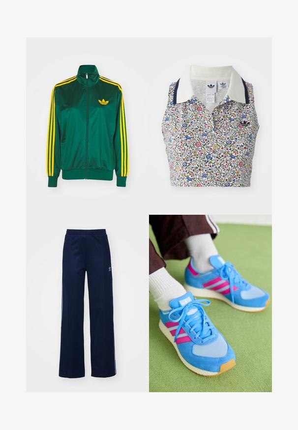 Grøn satin trackjakke, lynlåsfortil, høj krave, gul tre-stripes design på ærmerne og et lille gult logo på brystet.; Blomstret cropped bluse med hvid bund og blomster i blå, rød og gul. Inkluderer en hvid krave med marineblå detaljer og et broderet logo.; Marineblå bomuldsblandede træningsbukser med bred benstil, elastisk talje og lynlåslommer, prydet med hvide sideordner og logo-detalje.; Blå atletiske sko lavet af ruskind og mesh, med pink striber, rund tå og struktureret gummisål. Snørebåndene er lyseblå.