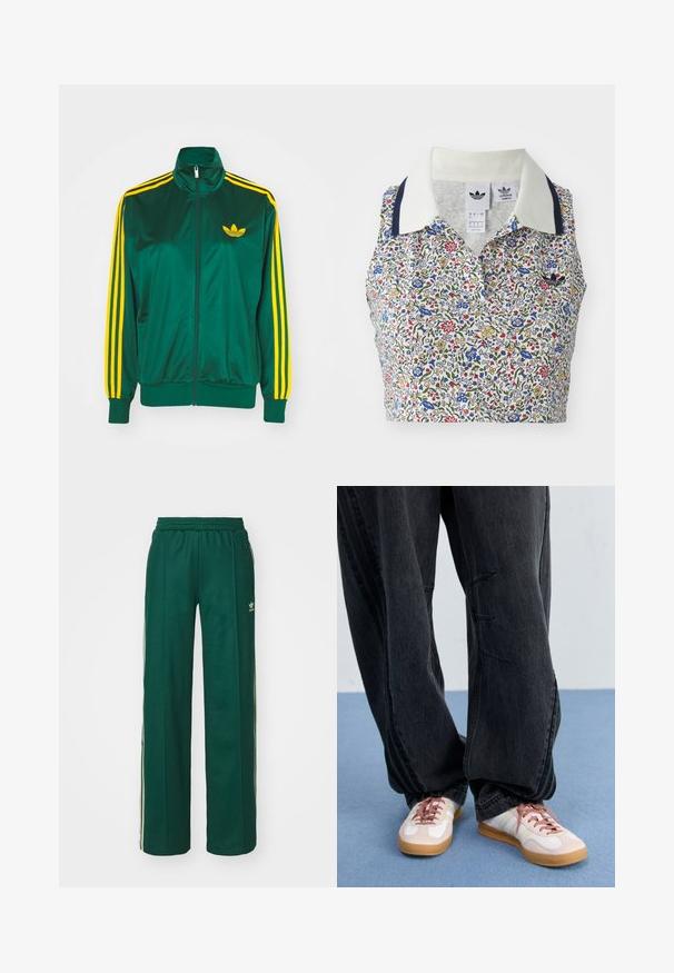 Groene satijnen trainingsjack, met rits aan de voorkant, hoge kraag, gele drie-strepen design op de mouwen en een klein geel logo op de borst.; Bloemige crop top met een witte basis en blauwe, rode en gele bloemen. Inclusief een witte kraag met marineblauwe accenten en een geborduurd logo.; Donkergroene sportbroek met een relaxte pasvorm, voorzien van een trekkoord in de taille, zijzakken en crèmekleurige strepen aan de zijkanten.; Zwarte baggy denimbroek met stiksels aan de voorkant, gecombineerd met witte en blush sneakers met een gumkleurige zool en roze veters.