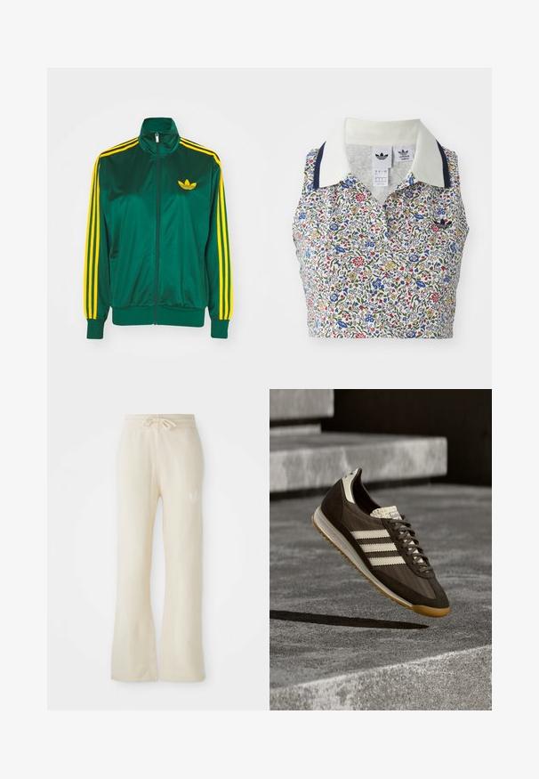 Veste de survêtement en satin vert, fermeture éclair devant, col haut, design à trois rayures jaunes sur les manches, et un petit logo jaune sur la poitrine.; Top court floral avec une base blanche ornée de fleurs bleues, rouges et jaunes. Il comprend un col blanc avec des accents marine et un logo brodé.; Pantalons de sport couleur crème avec une texture douce, dotés d'une taille à cordon de serrage et de jambes évasées. Détail de logo subtil sur la hanche gauche.; Chaussure de sport marron avec des rayures beige clair, en suède et mesh, dessus texturé, design à lacets et semelle en caoutchouc naturel.