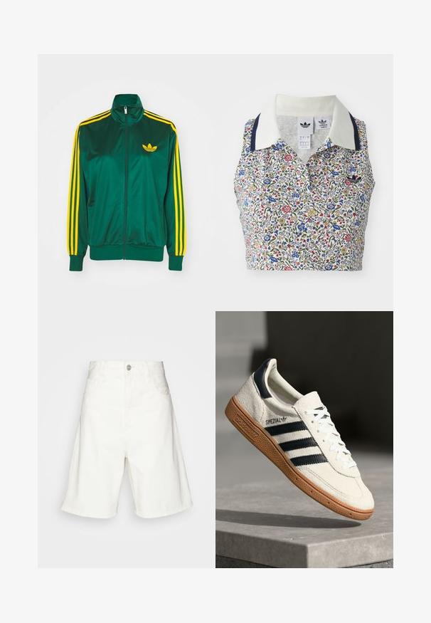 Veste de survêtement en satin vert, fermeture éclair devant, col haut, design à trois rayures jaunes sur les manches, et un petit logo jaune sur la poitrine.; Top court floral avec une base blanche ornée de fleurs bleues, rouges et jaunes. Il comprend un col blanc avec des accents marine et un logo brodé.; Shorts en denim blanc taille haute, dotés d'une fermeture à boutons à l'avant, de deux poches latérales et d'une coupe décontractée. Texture lisse sans motifs visibles.; Baskets en daim blanc avec des bandes navy, semelle en caoutchouc gomme, tige texturée, bout rond et lacets ; arbore un logo sur le côté et sur la languette.