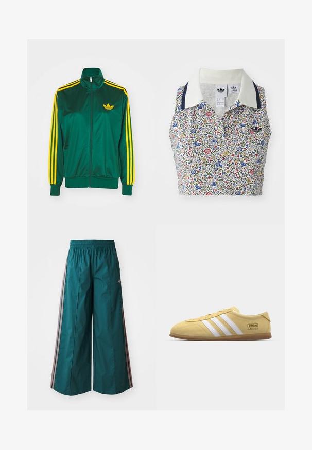 Groene satijnen trainingsjack, met rits aan de voorkant, hoge kraag, gele drie-strepen design op de mouwen en een klein geel logo op de borst.; Bloemige crop top met een witte basis en blauwe, rode en gele bloemen. Inclusief een witte kraag met marineblauwe accenten en een geborduurd logo.; Teal wijde broek met een elastische tailleband, voorzien van gestreepte accenten in roze en wit aan de zijkanten, gemaakt van lichte stof.; adidas Originals GAZELLE LO PRO W - Sneakers laag - almost yellow/footwear white