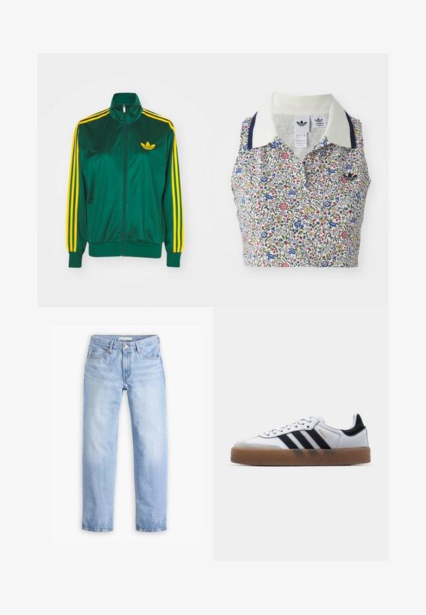 Groene satijnen trainingsjack, met rits aan de voorkant, hoge kraag, gele drie-strepen design op de mouwen en een klein geel logo op de borst.; Bloemige crop top met een witte basis en blauwe, rode en gele bloemen. Inclusief een witte kraag met marineblauwe accenten en een geborduurd logo.; Lichtblauwe denim jeans met een rechte pijp, vijf zakken en een middelhoge taille. Heeft een vervaagde textuur en een gestikte zoom.; Witte leren sneakers met zwarte strepen, gumrubberen buitenzool, ronde neus, vetersluiting en een zachte grijze suède neuskap.
