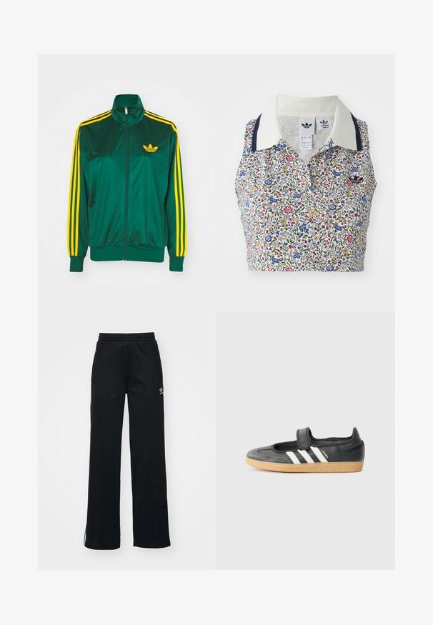 Veste de survêtement en satin vert, fermeture éclair devant, col haut, design à trois rayures jaunes sur les manches, et un petit logo jaune sur la poitrine.; Top court floral avec une base blanche ornée de fleurs bleues, rouges et jaunes. Il comprend un col blanc avec des accents marine et un logo brodé.; Pantalons de sport noirs avec une coupe décontractée, taille à cordon, poches zippées sur les côtés, et une discrète marque blanche sur la jambe gauche.; Sneaker en cuir noir et suède avec une sangle Velcro, arborant trois bandes blanches et une semelle en caoutchouc, étiqueté "SAMBA" sur le côté.