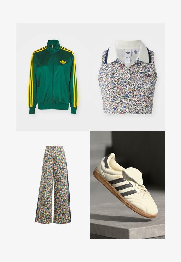 Grøn satin trackjakke, lynlåsfortil, høj krave, gul tre-stripes design på ærmerne og et lille gult logo på brystet.; Blomstret cropped bluse med hvid bund og blomster i blå, rød og gul. Inkluderer en hvid krave med marineblå detaljer og et broderet logo.; Breddebenede blomsterbukser med en blå baggrund, der har et farverigt mønster af røde, gule og blå blomster samt en elastisk talje.; Cremefarvede lædersneakers med tre mørke striber, en brun gummisål og en afrundet tå. Har en foldbar tunge mærket "SAMBA."