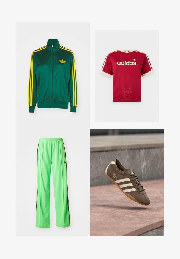 Grøn satin trackjakke, lynlåsfortil, høj krave, gul tre-stripes design på ærmerne og et lille gult logo på brystet.; Rød Adidas mesh t-shirt med beige kant på krave, ærmer og de tre striber på skuldrene, med Adidas-logo og tekst på fronten.; Grønne atletiske bukser lavet af glat, let materiale, med sorte sidestriber og et broderet logo på fronten.; Brun ruskindssneaker med hvide striber og branding, med rund tå og ydersål af gummibelagt gummi, hængende over en struktureret overflade.
