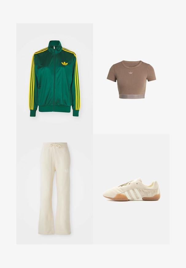 Grøn satin trackjakke, lynlåsfortil, høj krave, gul tre-stripes design på ærmerne og et lille gult logo på brystet.; Brun ribstrikket cropped top med korte ærmer, rund halsudskæring og en tekstureret kant forneden med et diskret logo-mønster.; Cremefarvede sweatpants med en blød tekstur, featuring en snoretræk i taljen og flair ben. Diskret logo detalje på venstre hofte.; Lavprofileret beige sneaker med tre hvide striber, teksturerede ruskindssidepaneler, gummisål og snørelukning på ensfarvet baggrund.
