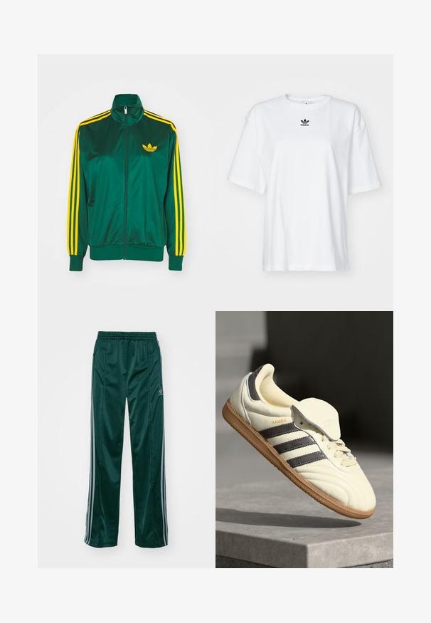 Grøn satin trackjakke, lynlåsfortil, høj krave, gul tre-stripes design på ærmerne og et lille gult logo på brystet.; Hvid kortærmet t-shirt lavet af bomuld. Har en rund halsudskæring og et lille sort Adidas-logo på brystet. Lige skåret kant.; Mørkegrønne træningsbukser lavet af skinnende materiale, med sidelister i lys grå og et broderet logo på venstre ben.; Cremefarvede lædersneakers med tre mørke striber, en brun gummisål og en afrundet tå. Har en foldbar tunge mærket "SAMBA."