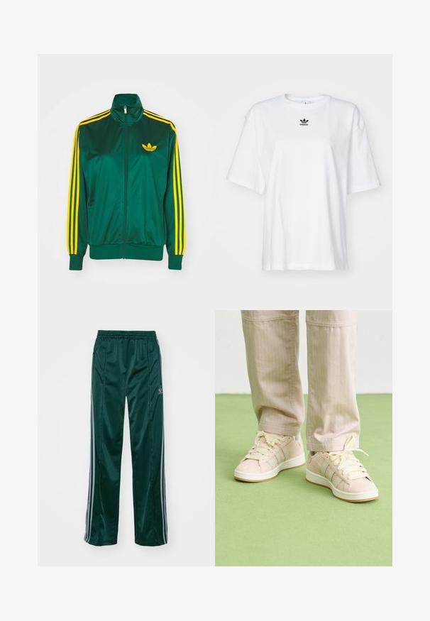 Grüne Satin-Trainingsjacke, mit Reißverschluss vorne, hohem Kragen, gelbem Drei-Streifen-Design an den Ärmeln und kleinem gelben Logo auf der Brust.; Weißes T-Shirt mit kurzen Ärmeln aus Baumwolle. Verfügt über einen Rundhalsausschnitt und ein kleines schwarzes Adidas-Logo auf der Brust. Gerader Saum.; Dunkelgrüne Sporthosen aus glänzendem Material, mit seitlichen Streifen in Hellgrau und einem gestickten Logo auf dem linken Bein.; Beige Sneaker mit strukturiertem Stoff, hellcremefarbigen Streifen und passenden Schnürsenkeln. Abgerundete Zehenpartie und weiße Gummisohle mit braunen Akzenten.