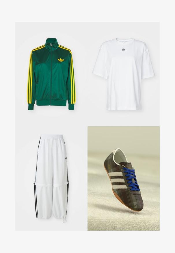 Grøn satin trackjakke, lynlåsfortil, høj krave, gul tre-stripes design på ærmerne og et lille gult logo på brystet.; Hvid kortærmet t-shirt lavet af bomuld. Har en rund halsudskæring og et lille sort Adidas-logo på brystet. Lige skåret kant.; Hvide sportbukser med en afslappet pasform, elastisk talje og sorte sidelæg. Har lynlåslommer og elastiske afslutninger ved anklerne.; Brune ternede atletiske sko med blå snørebånd, tre hvide striber og en glat overflade, med en lysebrune gummisul.