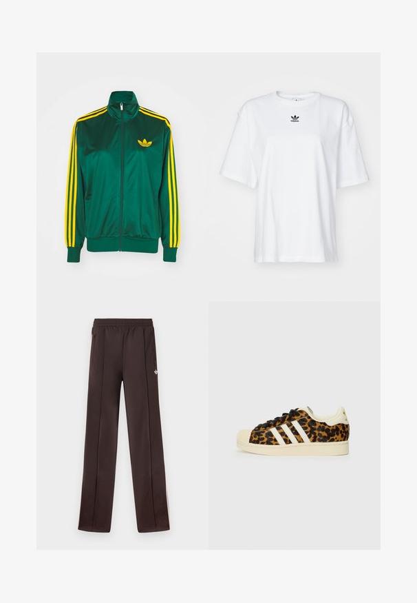 Groene satijnen trainingsjack, met rits aan de voorkant, hoge kraag, gele drie-strepen design op de mouwen en een klein geel logo op de borst.; Witte korte mouwen t-shirt van katoen. Voorzien van een ronde hals en een klein zwart Adidas-logo op de borst. Rechthoekige zoom.; Donkerbruine Adidas trainingsbroek met elastische taille, zijritszakken en een klein wit Trefoil-logo op de rechterdij.; Luipaardprint sneakers met zwarte veters, witte drie-streep ontwerp, crèmekleurige rubberen neus en zool, gestructureerd bovenmateriaal.