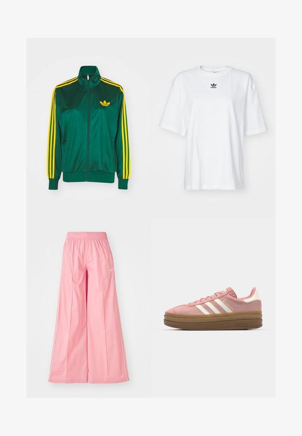 Grøn satin trackjakke, lynlåsfortil, høj krave, gul tre-stripes design på ærmerne og et lille gult logo på brystet.; Hvid kortærmet t-shirt lavet af bomuld. Har en rund halsudskæring og et lille sort Adidas-logo på brystet. Lige skåret kant.; Lyserøde brede bukser lavet af let materiale, med elastisk talje og diskrete hvide side striber. Lille logo på fronten.; adidas Originals GAZELLE BOLD - Sneakers - mauve/off white