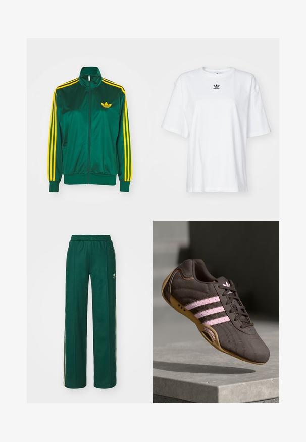 Groene satijnen trainingsjack, met rits aan de voorkant, hoge kraag, gele drie-strepen design op de mouwen en een klein geel logo op de borst.; Witte korte mouwen t-shirt van katoen. Voorzien van een ronde hals en een klein zwart Adidas-logo op de borst. Rechthoekige zoom.; Donkergroene sportbroek met een relaxte pasvorm, voorzien van een trekkoord in de taille, zijzakken en crèmekleurige strepen aan de zijkanten.; Bruine suède sport schoen met roze strepen en logo, voorzien van een gestructureerde bovenkant, vetersluiting en een gumrubberen zool.
