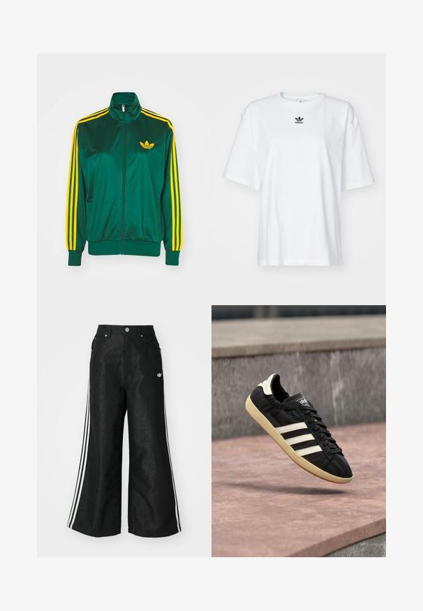 Chaqueta de pista satinada verde, con cremallera en la parte delantera, alto cuello, diseño de tres rayas amarillas en las mangas y un pequeño logo amarillo en el pecho.; Camiseta blanca de manga corta hecha de algodón. Cuenta con un cuello redondo y un pequeño logo negro de Adidas en el pecho. Dobladillo recto.; Pantalones de denim anchos y negros con tres franjas blancas en cada lado y un pequeño logo blanco. Cuenta con bolsillos frontales y un cierre de botón.; Zapatilla negra Adidas con rayas blancas y suela beige, capturada en el aire sobre una superficie de piedra y con fondo de muro de piedra.