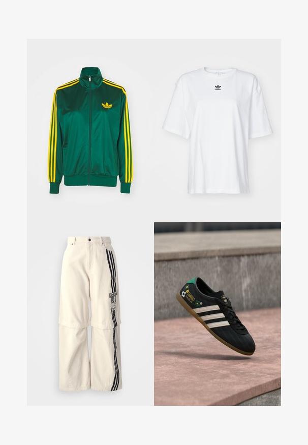 Chaqueta de pista satinada verde, con cremallera en la parte delantera, alto cuello, diseño de tres rayas amarillas en las mangas y un pequeño logo amarillo en el pecho.; Camiseta blanca de manga corta hecha de algodón. Cuenta con un cuello redondo y un pequeño logo negro de Adidas en el pecho. Dobladillo recto.; Pantalones de pierna ancha color beige hechos de algodón, con un diseño de tres franjas negras a lo largo del costado y un parche del logo de Adidas en el muslo.; Zapatilla deportiva negra con rayas blancas, parte superior con estampado que presenta detalles florales y un talón verde. Suela de goma que proporciona tracción.