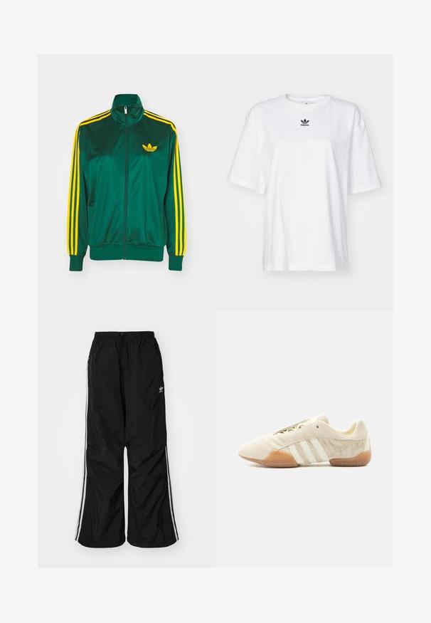 Veste de survêtement en satin vert, fermeture éclair devant, col haut, design à trois rayures jaunes sur les manches, et un petit logo jaune sur la poitrine.; T-shirt blanc à manches courtes en coton. Avec un col rond et un petit logo Adidas noir sur la poitrine. Ourlet droit.; Pantalons coupe-vent noirs avec une taille élastique, cordon de serrage, rayures blanches sur les côtés, coupe loose, arborant un petit logo sur le côté gauche.; Baskets beige profil bas avec trois bandes blanches, panneaux latéraux en suède texturé, semelle en gomme et fermeture à lacets sur fond uni.