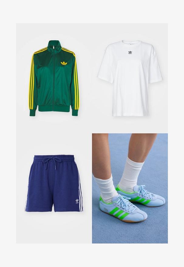 Grøn satin trackjakke, lynlåsfortil, høj krave, gul tre-stripes design på ærmerne og et lille gult logo på brystet.; Hvid kortærmet t-shirt lavet af bomuld. Har en rund halsudskæring og et lille sort Adidas-logo på brystet. Lige skåret kant.; Mørkeblå træningsshorts med snøre i taljen, præget af hvide sidelister og et broderet logo nederst til venstre. Blødt stof.; Lyseblå sportsko med grønne accenter og tre striber. Har en glat tekstur og gummisål. Bæret sammen med hvide ribbede sokker.