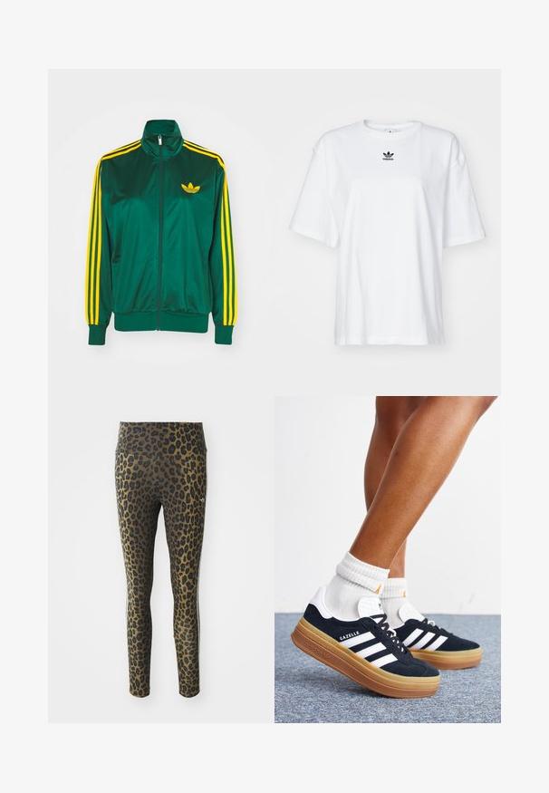Grøn satin trackjakke, lynlåsfortil, høj krave, gul tre-stripes design på ærmerne og et lille gult logo på brystet.; Hvid kortærmet t-shirt lavet af bomuld. Har en rund halsudskæring og et lille sort Adidas-logo på brystet. Lige skåret kant.; Pletterede leggings med høj talje, strækbart stof og sorte accenter på en lys brun bund, designet til komfort og pasform.; Ben iført hvide sokker og sorte Adidas Gazelle sneakers med hvide striber og tykke brune såler på et gråt tæppe.