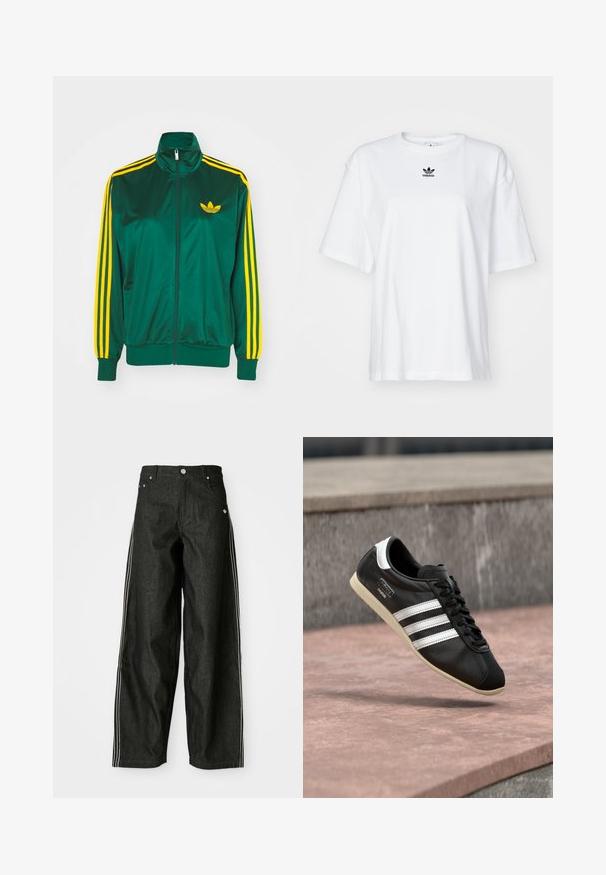Chaqueta de pista satinada verde, con cremallera en la parte delantera, alto cuello, diseño de tres rayas amarillas en las mangas y un pequeño logo amarillo en el pecho.; Camiseta blanca de manga corta hecha de algodón. Cuenta con un cuello redondo y un pequeño logo negro de Adidas en el pecho. Dobladillo recto.; Pantalones anchos de mezclilla negra con rayas laterales blancas, que cuentan con bolsillos delanteros, una bragueta con botones y un logo sutil cerca de la cintura.; Zapatilla deportiva de cuero negro con rayas y suela blancas, atada con cordones, flotando sobre una superficie de concreto rosada con una pared de piedra gris al fondo.