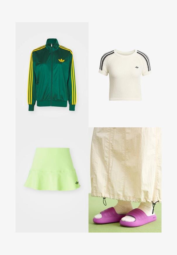 Grüne Satin-Trainingsjacke, mit Reißverschluss vorne, hohem Kragen, gelbem Drei-Streifen-Design an den Ärmeln und kleinem gelben Logo auf der Brust.; Cremefarbenes gestricktes Crop-Top mit strukturierter Stoff, kurzen Ärmeln und schwarzen Streifenakzenten an den Schultern. Verfügt über ein kleines schwarzes Logo.; adidas Originals SKIRT - Minirock - signal green; Lila Gummischlappen mit einem strukturierten Bandsdesign, getragen über cremefarbigen Socken, kombiniert mit einem hellbeigen Rock. Grüner Boden.