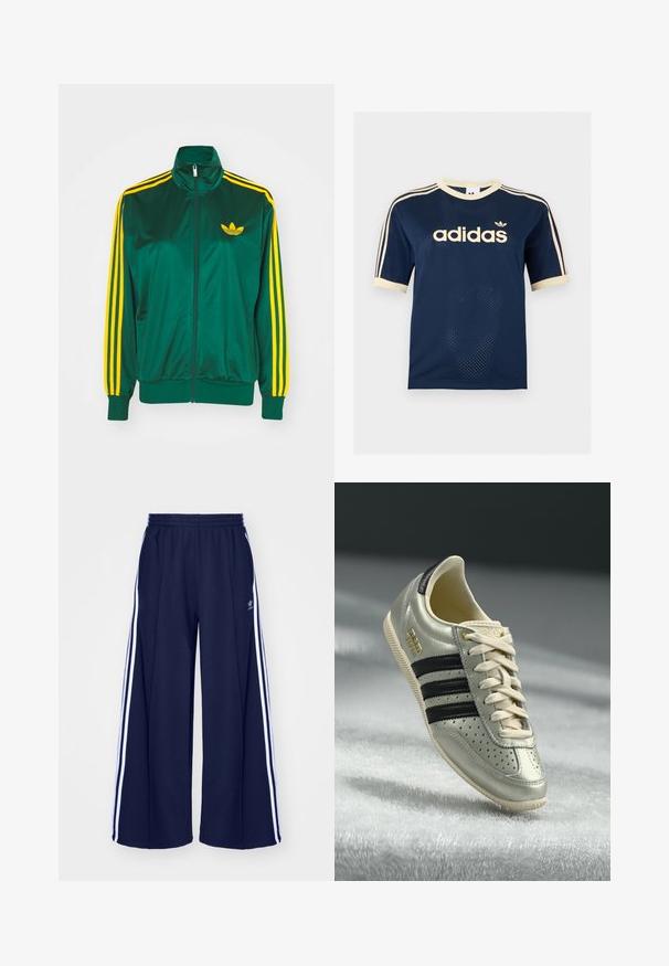Grøn satin trackjakke, lynlåsfortil, høj krave, gul tre-stripes design på ærmerne og et lille gult logo på brystet.; Adidas mørkeblå mesh t-shirt med korte ærmer med cremefarvet kant, tre cremefarvede striber på ærmerne og Adidas-logo på brystet.; adidas Originals PANT - Træningsbukser - night indigo; Lys grå lædersneaker med sorte striber, perforerede detaljer, beige snørebånd og et guld logo-patch. Tekstureret gummisål.