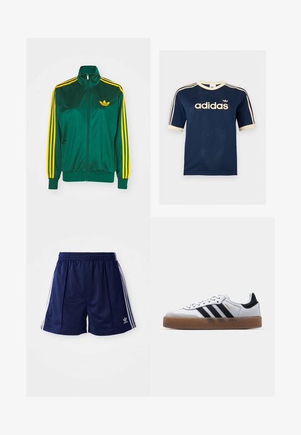 Roheline satiinist spordijakk, lukuga ees, kõrge kaelus, kollased kolm triipu disainis varrukatel ning väike kollane logo rinnal.; Tumesinine Adidas võrgust lühikeste varrukatega särk kreemika äärisega, kolm kreemikat triipu varrukatel ja Adidas logo rinnal.; Tumesinised sportlikud lühikesed püksid kerge materjaliga, valgete külgtriipude ja vasakul alakulgel tikitud logoga. Elastne vöökoht.; Valged nahast tossud mustade triipudega, kummist välistald, ümmargune nina, seotud sulgemine ja pehme hall suede ninaosa.