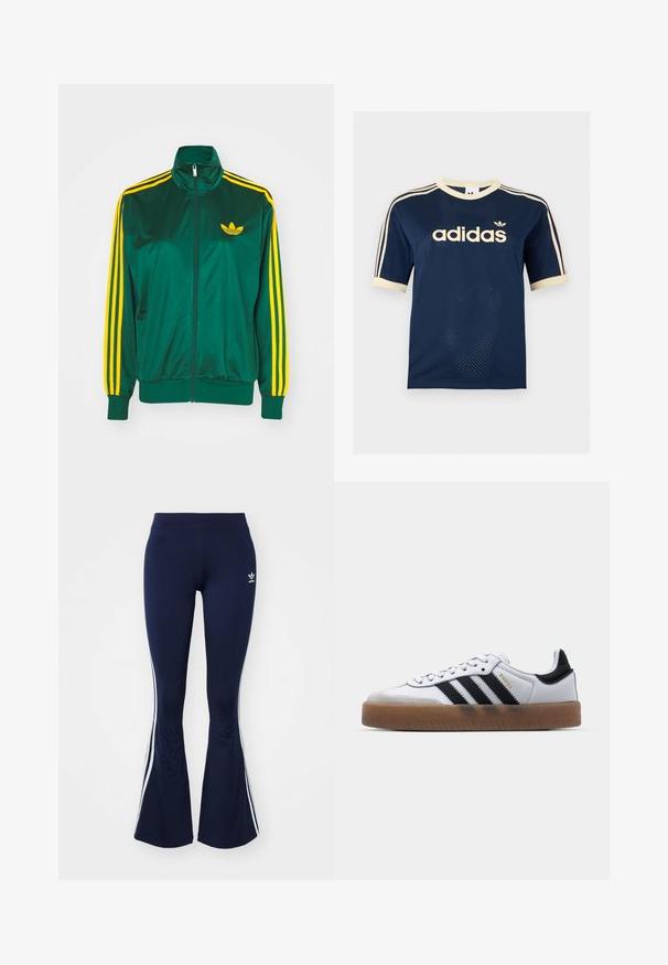 Veste de survêtement en satin vert, fermeture éclair devant, col haut, design à trois rayures jaunes sur les manches, et un petit logo jaune sur la poitrine.; T-shirt à manches courtes en mesh bleu marine Adidas avec bordure crème, trois bandes crème sur les manches et logo Adidas sur la poitrine.; Leggings évasés bleu marine en tissu extensible, dotés de rayures blanches sur les côtés et d'un petit logo à l'avant. Texture lisse sur l'ensemble.; Baskets en cuir blanc avec des rayures noires, semelle extérieure en caoutchouc beige, bout rond, fermeture lacée et embout en suède gris doux.