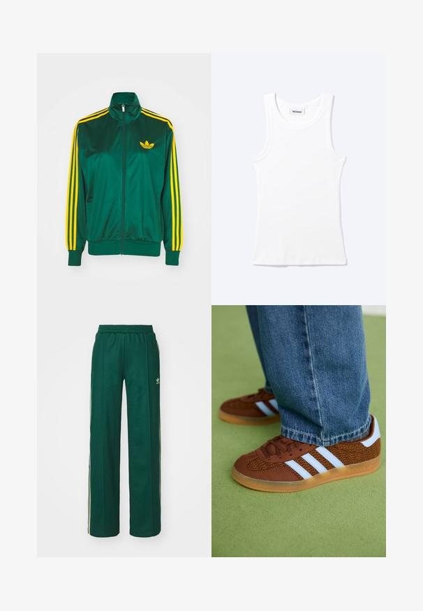Grøn satin trackjakke, lynlåsfortil, høj krave, gul tre-stripes design på ærmerne og et lille gult logo på brystet.; Hvid ærmeløs ribstrikket top med rund halsudskæring og en lille label med teksten "WEEKDAY" indeni kraven.; Mørkegrønne træningsbukser med en afslappet pasform, der har snor i taljen, sidelommer og cremefarvede striber langs siderne.; Brune Adidas sneakers med hvide striber og gummisåler, båret med blå jeans på grøn tæppe.